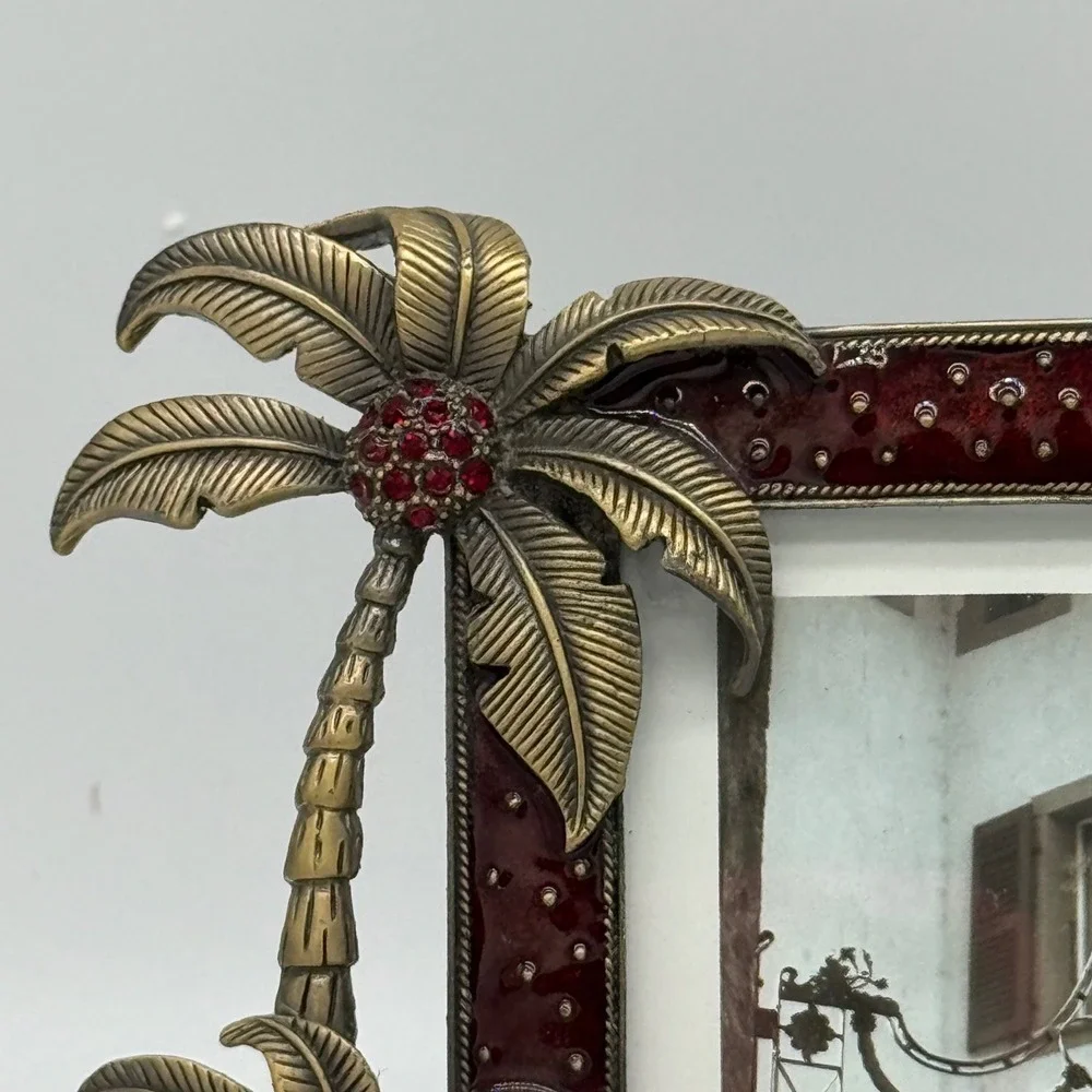 Louisburg Square Jeweled Picture Frame Burgundy Enamel Flamingo Palm Tree 6x8